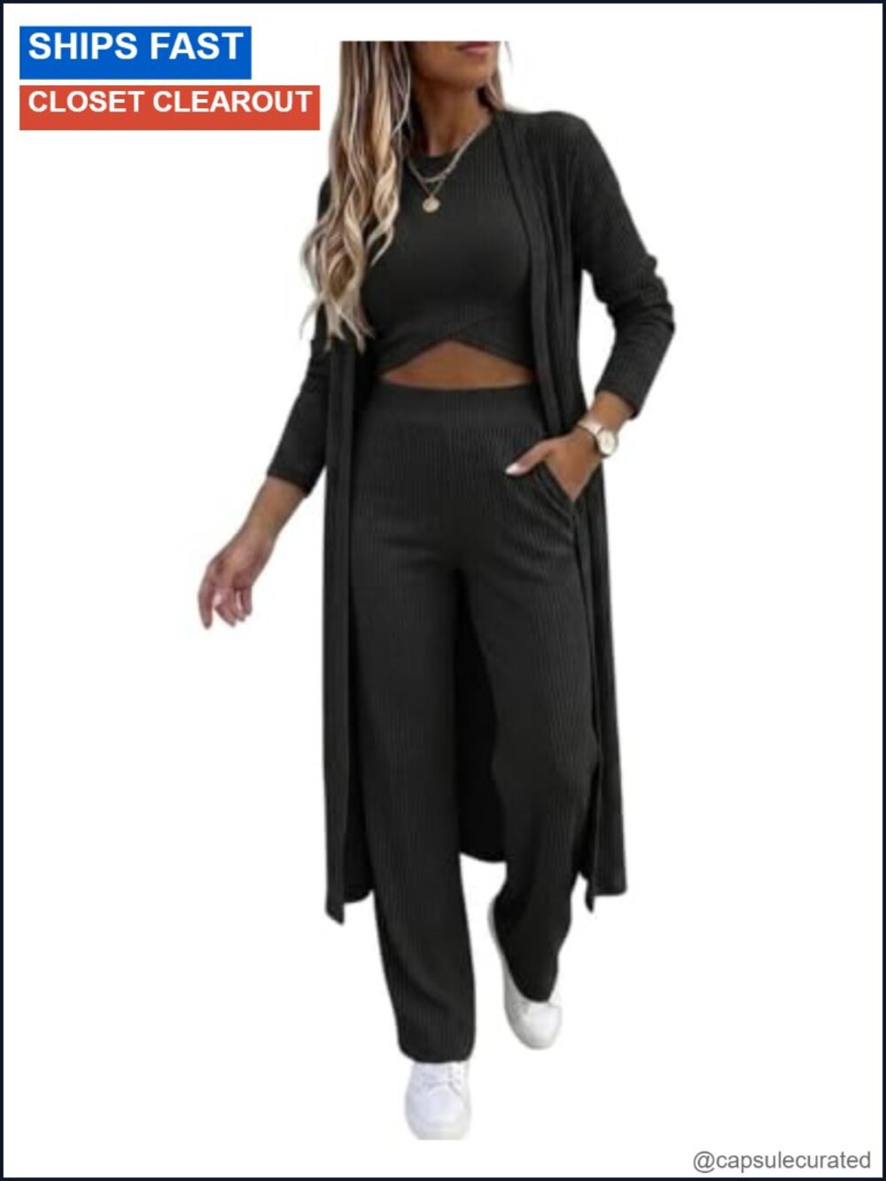 Women's 3 Piece Ribbed Lounge Set Open Cardigan Crop Tank Wide Leg Pants